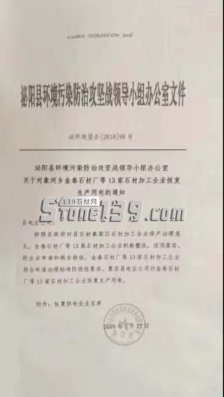 關于對象河鄉金泰石材廠等13家石材加工企業恢復生產用電的通知