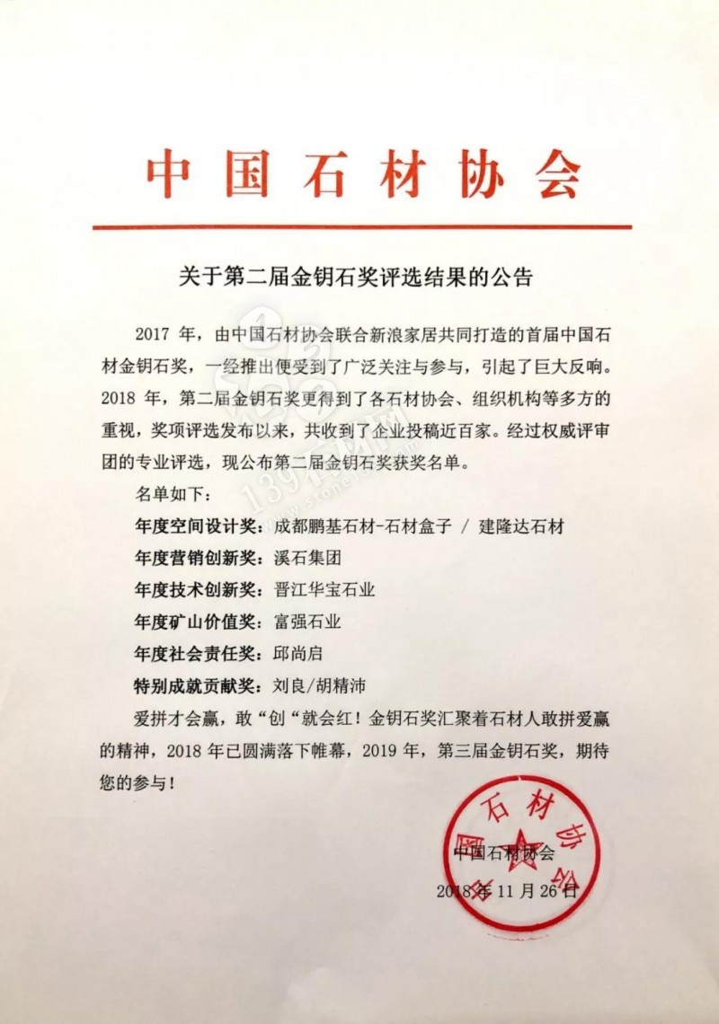 2018水頭石材展權威認證|第二屆金鑰石獎完整獲獎名單